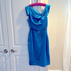 Blue Satin Black Halo Jackie Belted Sheath Dress